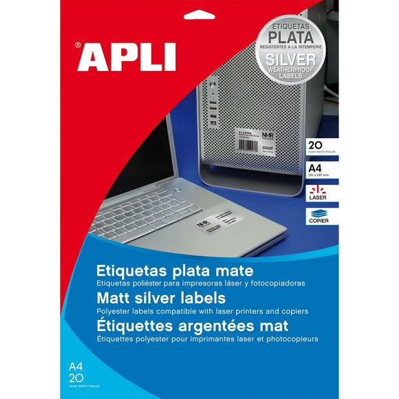 Adhesive labels Apli Metallic Silver 210 x 297 mm 20 Sheets