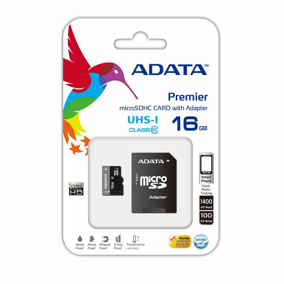 Micro SD Memory Card with Adaptor Adata Premier microSDHC UHS-I U1 Class10 16GB Black/Grey